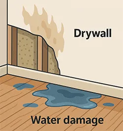 Damage to Floor and Drywall from Burst Pipe - 3D Rendering