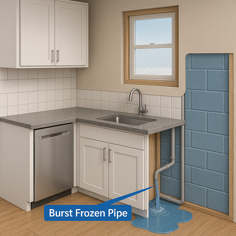 3D cutaway rendering of a modern kitchen showing uninsulated water pipes against an exterior wall near the dishwasher, with a burst frozen pipe leaking water onto the floor.